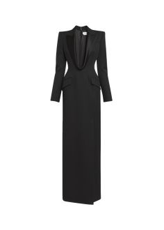 Find ALEXANDER MCQUEEN Plunging Tuxedo Blazer Wool Column Gown on Editorialist. Alexander McQueen tuxedo blazer gown Plunging cowl neckline Long sleeves; button cuffs Chest welt pocket; hip flap pockets Column silhouette Long length Back zip Wool Made in Italy Blazer Gown, Tuxedo Blazer, Tuxedo Dress, Column Gown, Cowl Neckline, Long Gown, Long Length, Welt Pocket, Alexander Mcqueen