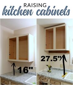 the measurements for kitchen cabinets are shown in three different sizes and colors, including white