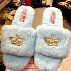 Juicy Couture Slippers Blue Crown Trendy Blue Slippers With Round Toe, Trendy Blue Round Toe Slippers, Juicy Couture Slippers, Juice Couture, Leopard Slippers, White Slippers, Juicy Couture Shoes, Blue Crown, Couture Shoes