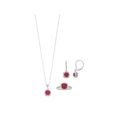 Adorned with lab-created ruby center stones and lab-created white sapphire accents, this halo necklace, drop earring and ring set provides elegant allure. SET DETAILS Includes: pendant necklace, pair of earrings & ring Pendant length: 0.34 in. Chain length: 18 in. Chain type: rolo Clasp: spring-ring Earring length: 0.34 in. Closures: leverback Ring width: 0.39 in. Metal: sterling silver Plating: rhodium Packaging: boxed STONE DETAILS Stone type: lab-created ruby, lab-created white sapphire Total Wedding Jewelry With Lab-created Ruby In Halo Design, Wedding Jewelry With Halo Design Lab-created Ruby, Elegant Halo Lab-created Ruby Jewelry, Wedding Jewelry With Halo And Lab-created Ruby, Classic Jewelry With Diamond Accents And Lab-created Ruby, Fine Jewelry With Halo Cubic Zirconia, Fine Jewelry With Center Stone Ruby, Fine Jewelry With Ruby Center Stone, Fine Jewelry Ruby With Center Stone