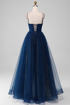 Navy Ball-Gown V-Neck Long Beaded Tulle Prom Dresses With Pleated