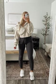 Outfit Ideas With Joggers Casual, Legging Joggers Outfit, Put Together Athletic Outfits, Comfortable Traveling Outfits, Lululemon Teacher Outfit, Neutral Athletic Outfits, Women’s Leggings Outfit, Workout Outfits For Moms, Lulu Lemon Mom Aesthetic