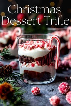 christmas dessert trifle in a glass with candy canes