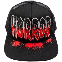 New With Tags. This Horror Text Logo Baseball Hat Will Bring The Thrill Of Horror To Your Look. Featuring 'Horror' Raised Embroidered In Bloody Lettering On The Front And Blood Splatter Sublimated On The Brim, It's A Perfect Accessory For A Night Of Terror! This Breathable Mesh Hat Has An Adjustable Circumference Of 21.5 - 24" (54.5 - 61cm) Making It A Comfortable Fit For Most Head Sizes. Designed In California. Gothic, Goth, Punk, Halloween, Costume Hbhtl 25 California Gothic, Punk Halloween Costume, Georgia Bulldogs Hat, Blood Splatter, Canvas Hat, Flex Fit Hats, Night Terror, Logo Baseball, Black Snapback