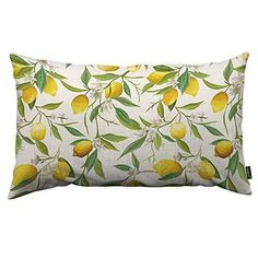 a rectangular pillow with lemons and leaves on white fabric, the front has a green leafy pattern