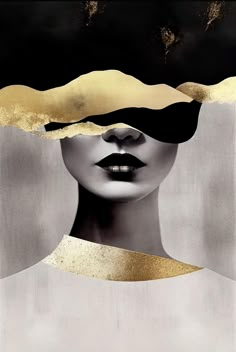 a woman's face with gold and black paint on it, as if she was floating in the air