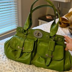 Exquisite Coach Lime Green Leather Purse, 3 Outer Pockets, 1 Inner Zipper Pocket Chrome Detailed Buckles, Carried 4 Times Coach Green Satchel For Shopping, Green Coach Shoulder Bag With Top Carry Handle, Green Textured Leather Coach Bag, Green Coach Shoulder Bag With Gold-tone Hardware, Green Coach Bags With Silver-tone Hardware, Coach Leather, Woven Bag, Green Leather, Coach Bags