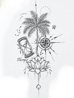 an ink drawing of a palm tree and compass