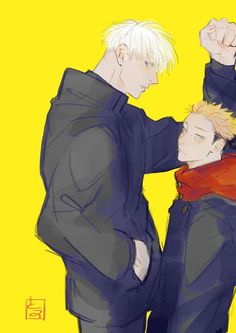 two anime guys with blonde hair and one is holding his head in the other's arms