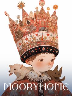 a little boy wearing a crown with animals on his shoulders and the words, moonyhome above him