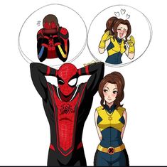 spider - man and woman with their backs turned to the same person, both wearing yellow shirts