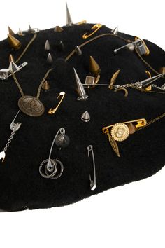 100% merino wool decorated with pins, studs, charms and swags of hanging chains. Upcycled Hats, Beret Outfit, Accessory Inspo, Burlesque Costumes, Unique Accessories, Sewing Design, Clothes Crafts, Edgy Outfits, Grunge Fashion