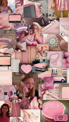 a collage of pink and white pictures with women talking on their cell phones,