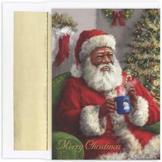 a christmas card with a santa clause holding a cup