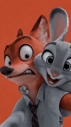 two cartoon characters are hugging each other in front of an orange background and one has his arm around the other's neck