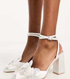 Shoes by Be Mine Exclusive to ASOS Adjustable ankle strap Pin-buckle fastening Embellished corsage detail Pointed toe High block heel Formal White Heels With Buckle Closure, Wedding Heels With Buckle Closure And Block Heel, Asos Bridal Shoes, White Wedding Shoes With Satin Bow And Block Heel, White Ankle Strap Wedding Shoes With 4-inch Heel, Drop Top, Jeans Shop, Ankle Strap, Block Heels