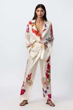 Fleurel Silk Top – kiska studios Floral Print Jacket, Jacket Cape, Collared Jacket, Placement Print, Silk Set, Silk Trousers, Ivory Silk, Printed Trousers, Silk Jacket