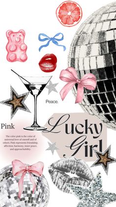 an advertisement for pink, lucky girl martinis with stars and bows on the side