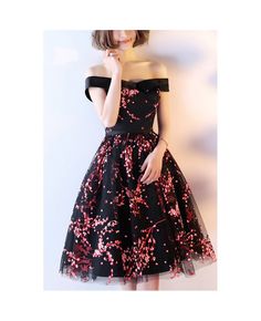 Buy black and red floral prints hoco dress off shoulder at cheap price online. Free stable shipping and pro custom service since 2009. Floral Formal Dress, Floral Off Shoulder Dress, School Event Dress, Elegant Cocktail Dress, Floral Prom Dresses, Hoco Dress, Tulle Homecoming Dress, Dress Off Shoulder, Dresses Cheap