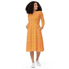 Introducing our All-Over-Print Women's Midi Dress, a fusion of style, comfort, and versatility! 🌟 * 🎨 **300+ Unique Designs Vibrant prints that never fade. * 🌺 **Luxurious Fabric 95% polyester, 5% elastane for a soft, flowy feel. * 👗 **Flattering Fit Fitted waist and flared bottom for a beautiful silhouette. * 🧥 **Long Sleeves Perfect for any season. * 👛 **Pockets Convenient side pockets for essentials. * 👠 **Versatile Ideal for evening parties, date nights, office wear, and casual outing Dress For The Beach, Cute Dresses For Party, Belle Silhouette, Patterned Midi Dress, Waste Free, Beach Parties, Long Sleeve Casual Dress, Long Sleeve Midi, Printed Midi Dress