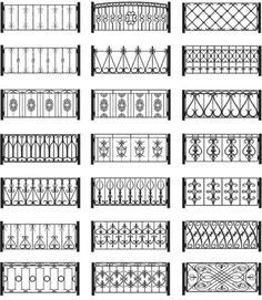 wrought iron balcony railings and gates with decorative designs, vintage line drawing or engraving