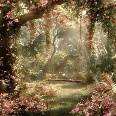 a swing in the middle of a lush green forest filled with pink flowers and greenery