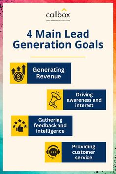 the four main lead generation goals are shown in blue, yellow and red text on a white