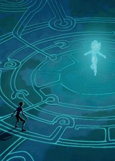 a man standing in front of a circular maze with a glowing figure on the center