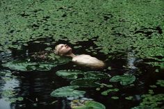 a man floating in the water with lily pads on his chest and head above him