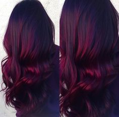 Red Velvet balayage-- dark roots with vibrant burgundy ends. Done by Renée Spinale at The Dollhouse. Pelo Color Borgoña, Ombre Blonde, Burgundy Hair, Hair Red, Red Ombre, Trendy Hair Color, Hair Color And Cut, Red Hair Color