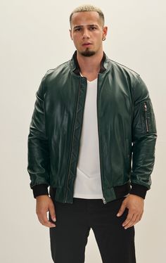 Modèle # 7749 Green Leather Casual Outerwear, Classic Green Leather Outerwear, Fall Military Leather Outerwear, Luxury Green Leather Biker Jacket, Bombers Leather Jacket Man, Sneaker Dress Shoes, Suits For Sale, Leather Shirt, Vanuatu