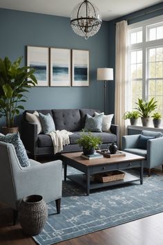 a living room with blue walls and furniture