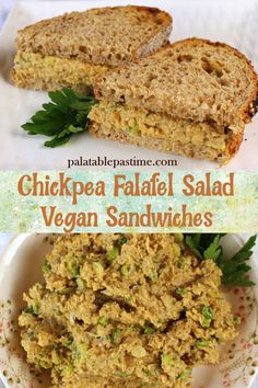 chickpea falafel salad with vegan sandwiches on the side and in a bowl