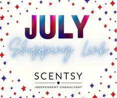 the words july shopping line are shown in red, white and blue stars on a white background