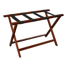 a wooden folding table with brown straps on the top and bottom section, against a white background