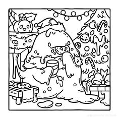 a black and white coloring page with an image of a christmas tree in the background