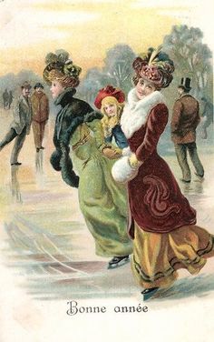 an old fashioned christmas card shows two women skating