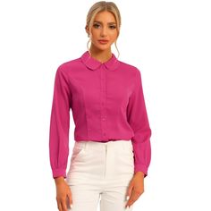 Feel confident flaunting your classic, yet edgy style in this classic peter-pan-collar office shirt. It features the front buttons, long puff sleeves, a Peter Pan collar, and the princess line. his button-up shirt is a polished piece for the weekend and workdays alike. This classic shirt is a regular fit, and that's how this one perfects the beloved staple. It is stylish and is a perfect choice for an office outfit. Chic Workwear Shirt With Peter Pan Collar, Peter Pan Collar Blouse For Work, Long Sleeve Office Blouse With Placket, Long Sleeve Office Shirt With Back Button Closure, Long Sleeve Blouse With Placket For Office Wear, Office Wear Long Sleeve Blouse With Placket, Classic Collared Office Blouse, Classic Collared Blouse For Office, Solid Collared Office Shirt