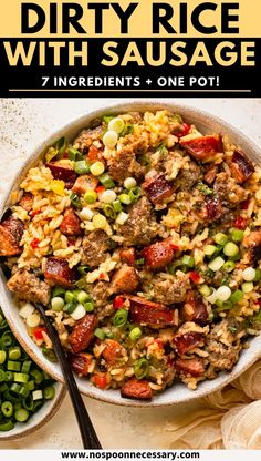 a bowl filled with rice and sausage next to green beans, peas and corn on the side