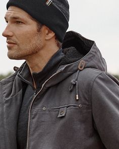 He'll comfortably cruise anywhere all season in this rugged canvas coat. Featuring a durable shell with attached hood, a warm fleece interior with easy-on sleeve lining, and lots of pockets.  By Pendleton. Slightly water-resistant. Stand collar when fully zipped. Two-way zip closure. Single snap chest pocket, zip hand pockets, and interior zip pocket. Men's Outerwear, Garnet Hill, Mens Outerwear, New Man, Stand Collar, Chest Pocket, The Man, Garnet, Zip Pockets