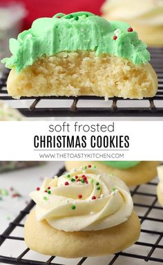 soft frosted christmas cookies with green icing and sprinkles on a cooling rack