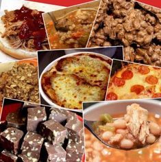 a collage of pictures with different foods and food items in them, including meats