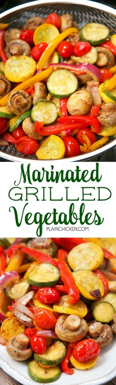 grilled vegetables on a white plate with the title text overlay reads marinated grilled vegetables