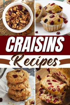 the collage shows different types of muffins and cranberries