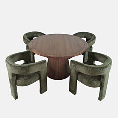 three chairs around a table with a round wooden table in the middle and four seats on each side