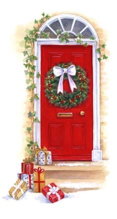 a painting of a red door with presents in front of it