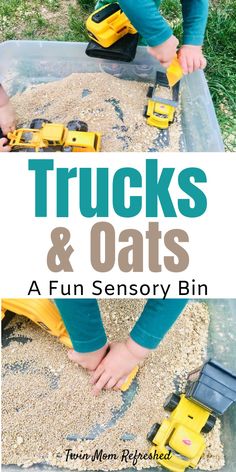 kids are playing with trucks and oats in the sand