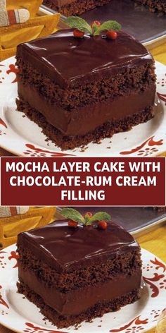 chocolate layer cake with chocolate crumb cream filling on a white plate, and the words mocha layer cake with chocolate crumb cream filling