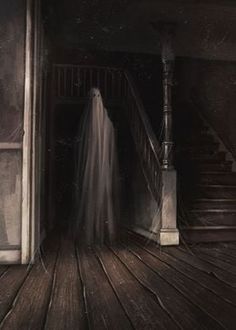 a ghostly ghost is coming out of an open door into a dark room with stairs