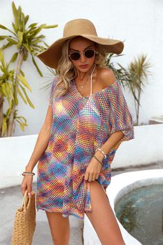 F00231628-500 Trendy V-neck Swimwear For Summer, Trendy V-neck Swimwear For Vacation, Beachy Multicolor V-neck Cover-up, Beachy Short Sleeve Poolside Cover-up, Beach Season Triangle Top Cover-up, Multicolor V-neck Cover-up For Pool, Spring Multicolor Swimwear For Beach Cover-up, Multicolor V-neck Cover-up For Beach Party, Multicolor Beachwear Dress For Beach Season